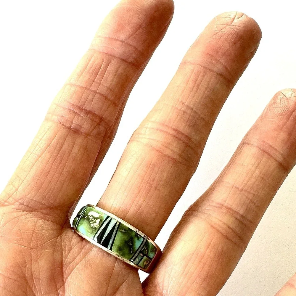 Navajo‎ Inlay Sonoran Turquoise Opal Wedding Band Sz 9 9mm Ring Mens AT